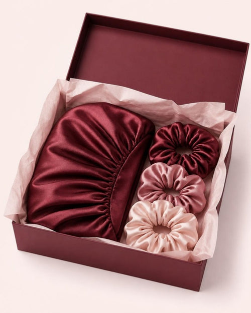 Sweet Dreams gift box with burgundy bonnet and three satin scrunchies
